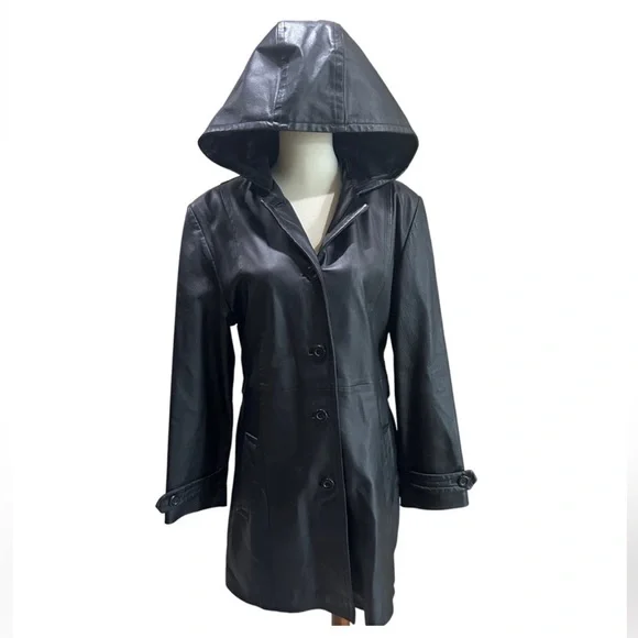 BAGATELLE Vintage Black Hooded Genuine Leather Jacket Womens US Large - Picture 1 of 17